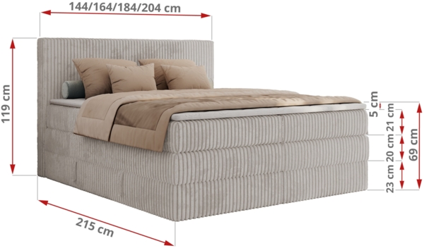 Boxspringbett, Doppelbett mit zwei Bettkästen und Multipocket-Matratze, Cord Bett - TILIANO KING - 140 x 200 cm - Hellgrau Cord - H4 Bild 6