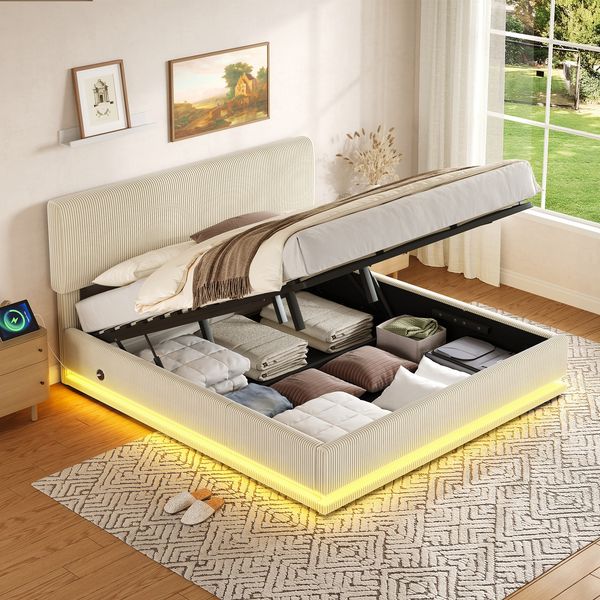 Polsterbett 180x200 cm ohne Matratze, Beige, Cordstoff, LED, USB-C, Bettkasten, höhenverstellbares Kopfteil
