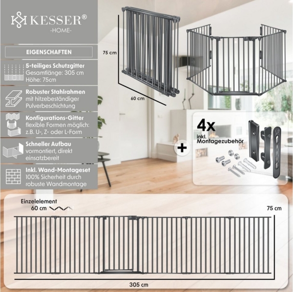KESSER Ofenschutzgitter, Kaminschutzgitter mit Tür Metall Laufgitter Türschutzgitter Laufstall