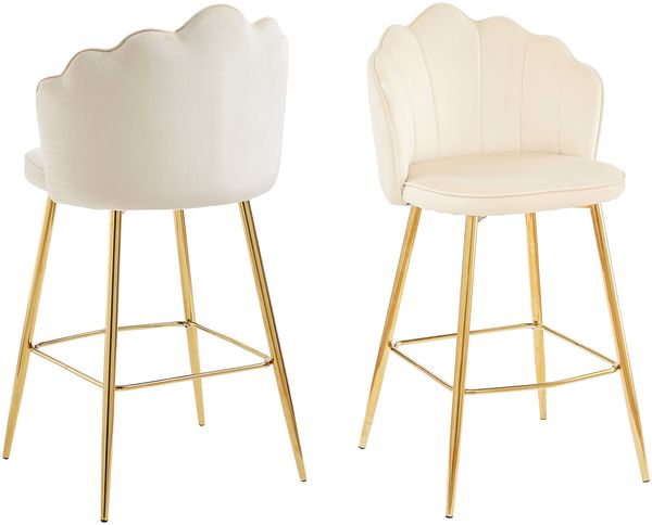 Barhocker Beige 2er Set 52 x 54 cm Samt Muscheldesign mit Metallgestell Gold