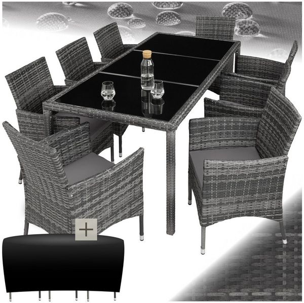 tectake Sitzgruppe Rattan Gartenlounge für 8 Personen, inklusive Schutzhülle, (Loungeset Almansa, 9-tlg, für Außen in Grau-meliert/Grau), widerstandsfähig, UV-beständig, mit Sicherheitsglasplatten