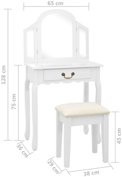 vidaXL Schminktisch mit Hocker, Paulownia-Holz MDF weiß, 65 x 36 x 128 cm Bild 11