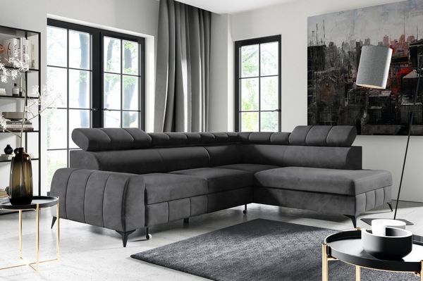 M-Punkt24 Wohnlandschaft Lagos Grau Anthrazit Ecksofa Polsterecke, mit Bettfunktion Bettkasten Kopfteilverstellung, weicher Samtbezug