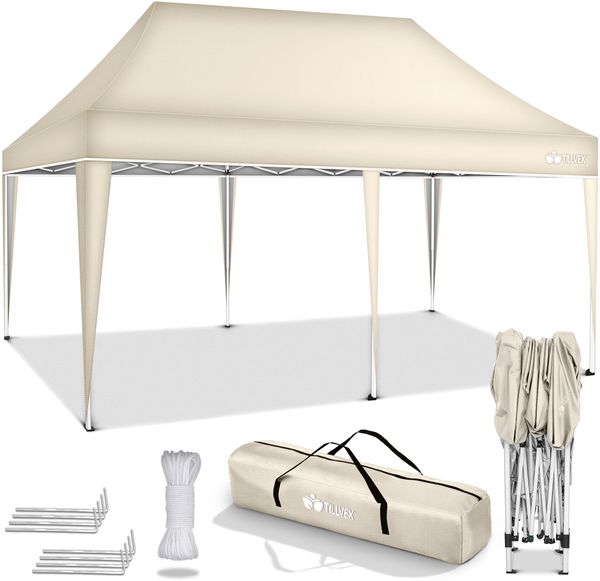 tillvex Pavillon 3x6m Beige wasserdicht | Pop-Up Faltpavillon höhenverstellbar | Gartenzelt UV Schutz 50+ | Partyzelt mit Tasche für Garten