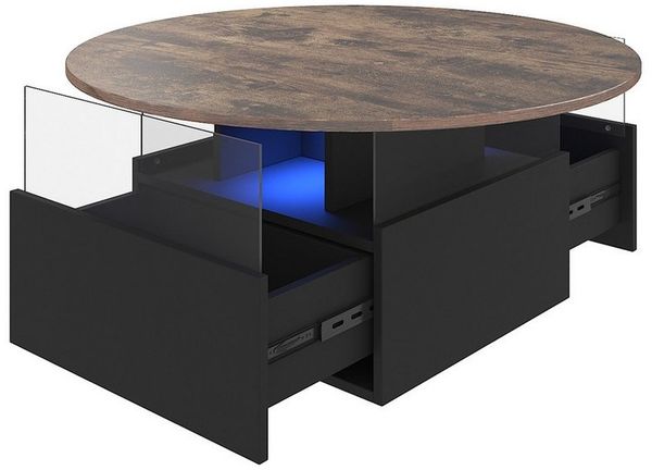 radelldar Couchtisch mit LED-Beleuchtung und 2 Schubladen, Wohnzimmertisch 80x40cm (1-St), Beistelltisch mit runder Platte und extra Ausstellungsfläche