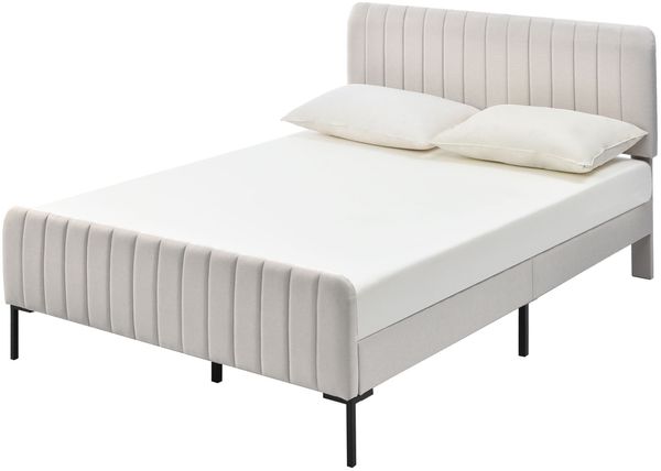 Polsterbett 180x200 cm mit höhenverstellbarem Kopfteil, stabilem Metallrahmen & Holzlatten, Stoff Grau-Beige Bild 9