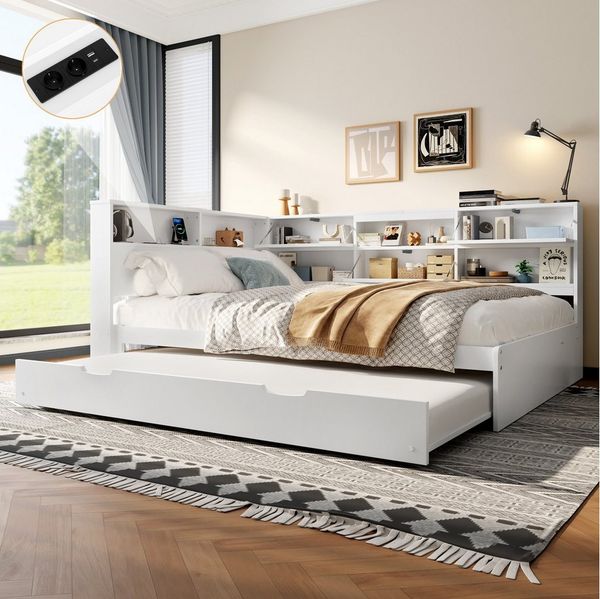 Merax Daybett Schlafsofa mit USB & Type-C (1 tlg), Massivholz Tagesbett 140x200cm mit Ausziehbett & Kopfteil mit Stauraum