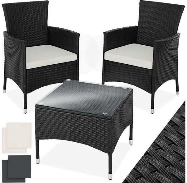 tectake Sitzgruppe Rattan Gartenset für 2 Personen, 2 Bezugssets, (Loungeset Luzern, 5-tlg, für Außen in Schwarz), widerstandsfähig, UV-beständig, mit Sicherheitsglasplatte