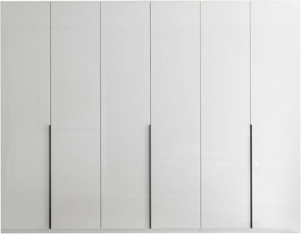 Kleiderschrank Luxus mit Mega Ausstattung Breite 3 Meter, Weiß Hochglanz mit 6 Türen – Drehtürenschrank, stilvoller Stauraum mit Hoteleinteilung und Schubkästen