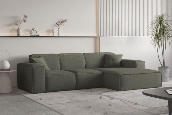 Ecksofa Designersofa CELES PREMIUM Stoff Ascot Bukla Moosgrün Ottomane Rechts