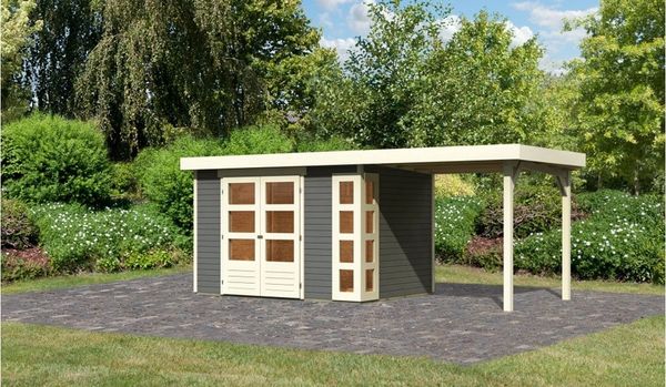 Gartenhaus Kerko 4 - 298 x 213 cm, inkl. Anbaudach 2,40m, 19 mm Holz terragrau, Karibu