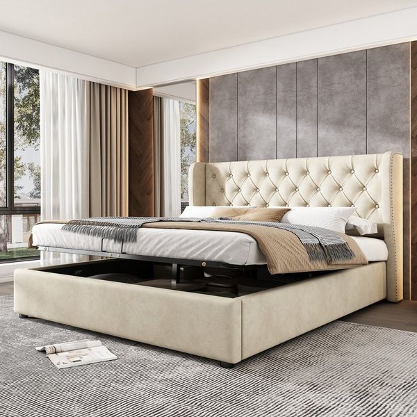 HAUSS SPOLE Polsterbett 180x200 cm Ohrenform Große Knopfnähte mit Stauraum, Samt, Beige