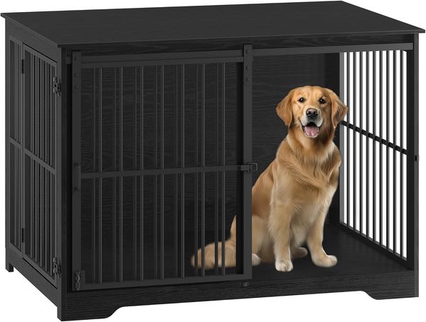 Hundekäfig Möbel, 110cm Hundebox, 2 Türen, Moderne Hundekäfig Indoor für kleine/mittlere/große Hunde, Beistelltisch, Verstärkte Schiebetür, 110 × 65 × 81 cm, Schwarz Bild 2