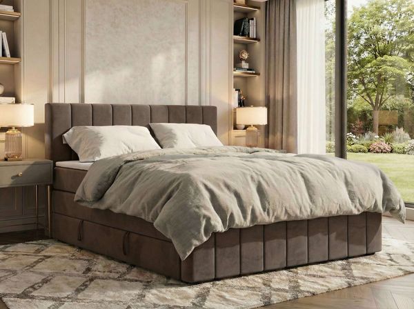 Doppelbett, Boxspringbett mit Stauraum ALVER KING DUO, Polsterbett mit 7-Zonen-Multipocket-Kern H4, Topper T25, Boxspringbett mit 2 Bettkästen - Braun Velvet