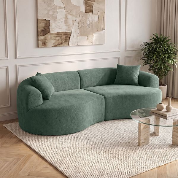 skølm 'Loki' Sofa 2 Sitzer, Vollschaumcouch mit Federkern und Vakuum-Kompression, kein Aufbau erforderlich, mit 2 Kissen, Teddy-Bouclé-Stoff in dunkelgrün