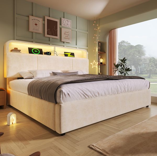 Polsterbett, Samt mit Stauraum-Kopfteil, LED & USB-Anschluss, 140x190 cm, Beige, ohne Matratze