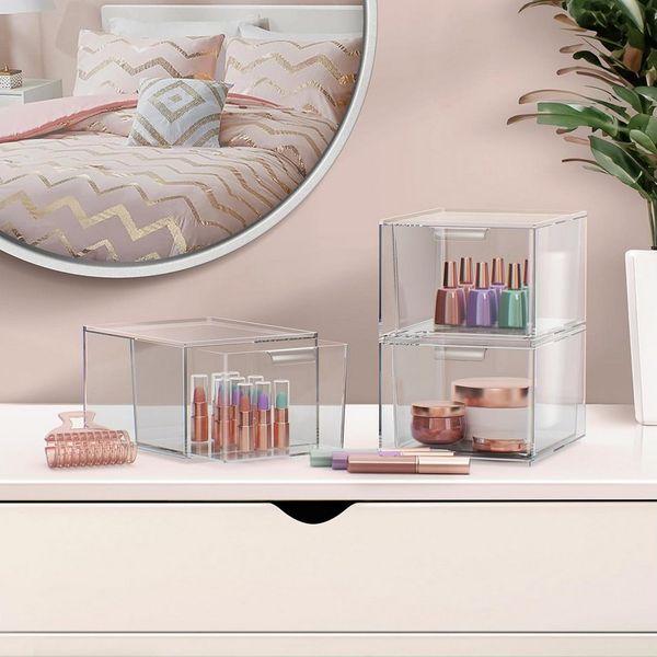 Refined Living Organizer 2er/4er/6er Set Stapelbare Acryl Make-up Organizer mit Ausziehgriffen (Acryl Aufbewahrungsschubladen, Kosmetik Organizer, Stapelbare Schubladenbox, Staubdichte Schubladen, Multifunktionale Aufbewahrung, Speisekammer,Transparent...