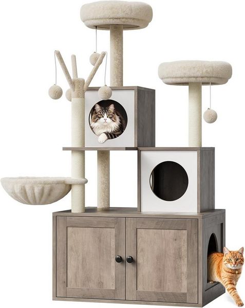 GarveeMore Kratzbaum mit Katzentoilettengehäuse,138cm, großer 2-in-1-Katzenturm, baumelnden Bällen,Sitzstange oben,verstecktes Katzentoiletten aus Holz