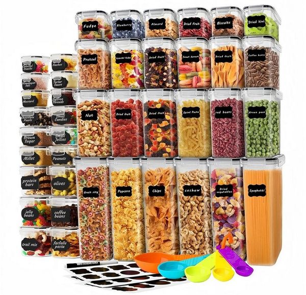 Simloveve Vorratsdose Vorratsdosen Set mit Deckel Luftdicht, (BPA Frei Vorratsbehälter Zucker, 42-tlg, Vorratsgläser, vorratsglas, Aufbewahrungsbox Küche), mit Kreidemarker Etiketten und Messbecher