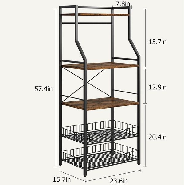 GarveeMore Küchenregal 5-stöckiges mit 2 großen Drahtkörben und 8 Haken,industrielle, Standregal,Mikrowellenständer,Küchen-Bäckerregal,Topf-Organizer