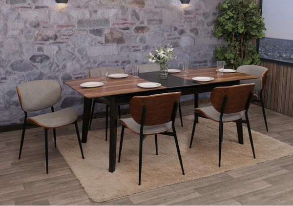 6er-Set Esszimmerstuhl HWC-O45, Bugholz Stoff (370g/m²) Öko-Tex FSC®-zertifiziert ~ Walnuss-Optik, hellgrau