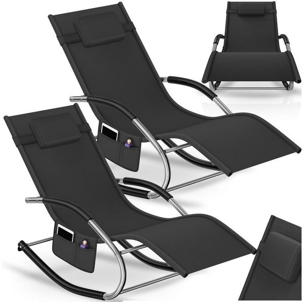 tectake Gartenliege ergonomische Sonnenliege, Belastbarkeit 120 kg, 62 x 146 x 92 cm, Balkonliege Taya, 2 St, für Außen in Schwarz, gepolstert, atmungsaktiv, wasserabweisend, mit Aufbewahrungstasche