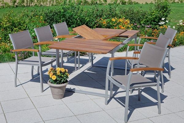 MERXX Garten-Essgruppe Naxos, (7-tlg, 6x Stapelsessel, 1x Ausziehtisch 150(200)x90 cm), Aluminium, Textilbespannung aus 100 % Polyester, Akazienholz
