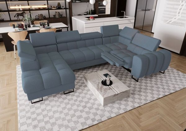 Wohnlandschaft Schlafsofa BASTIEN RELAX in Stoff Gemma Blau Ottomane Links