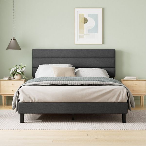 ZINUS Polsterbett Piper mit stylischem Kopfteil und Lattenrost (140x200cm) (Packung, 1-tlg, Bettgestell, Dunkelgrau, 140x200 cm), Kinderleichte Montage