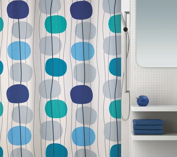 spirella Duschvorhang MOBILE Breite 180 cm, Premium Textil-Duschvorhang, 100% Polyester, wasserabweisend, Anti-Schimmel-Effekt, waschbar 30°, Motiv bunte Kreise, Farbe blau, Größe 180x200 cm