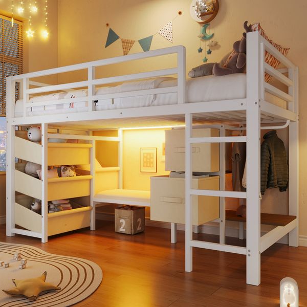 Halbhohes Bett, Metall mit LED, Stauraumschublade & Sitzkissen, 90x200 cm, Weiß, ohne Matratze