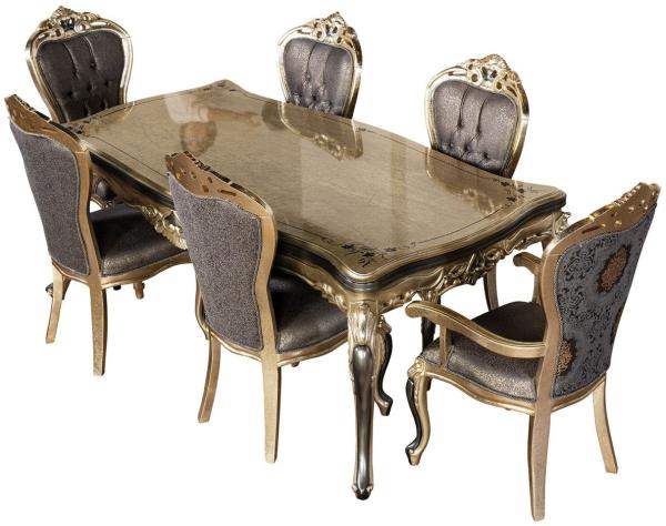 Casa Padrino Luxus Barock Esszimmer Set Lila / Antik Gold / Schwarz - 1 Barock Esstisch & 6 Barock Esszimmerstühle - Luxus Esszimmer Möbel im Barockstil - Prunkvolle Barock Esszimmer Möbel