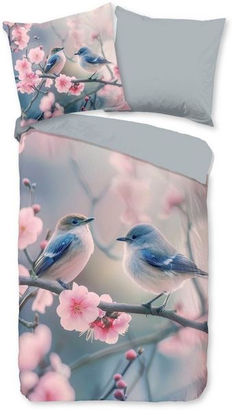 good morning Wendebettwäsche Hannu, Renforcé, 2 teilig, 100% Baumwolle, Renforcé, Reißverschluss, Wendeoptik, Vogel, Blume