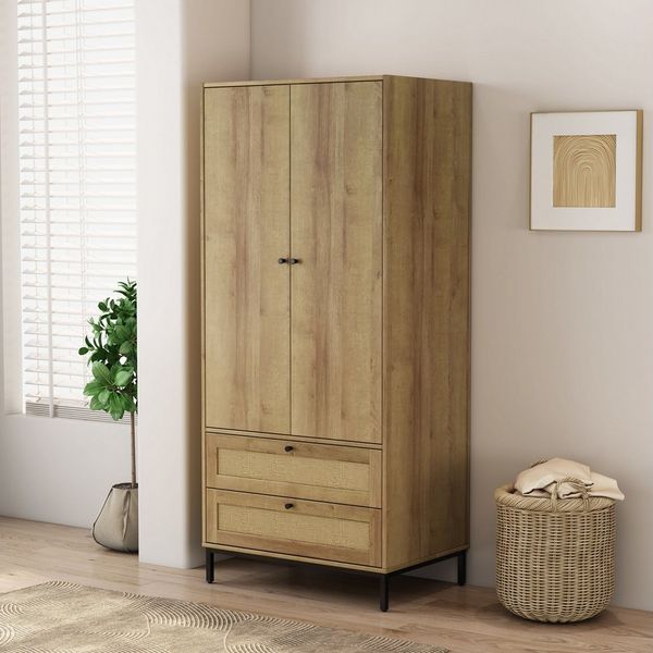 OTTO home Kleiderschrank Motala Schlafzimmerschrank Garderobe Boho Eichen-Design (Moderne schwarze Griffe, Schublade mit Geflecht) Schlafzimmerschrank mit 2 Türen und 2 Schubladen