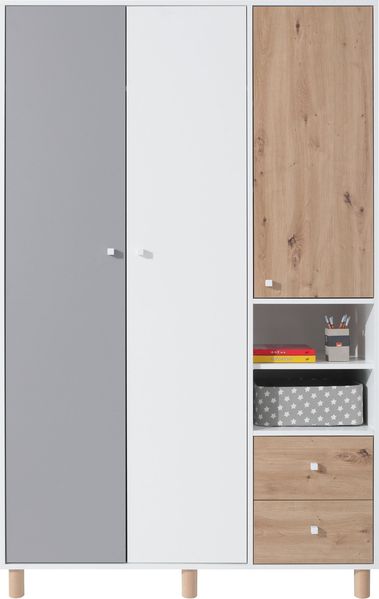 Jugendzimmer Farin in Weiß, Eiche Artisan & Grau – Modern mit Massivholz-Füßen, in verschiedenen Set-Varianten oder als Einzelmöbel für Kinder & Jugendliche - 1 teilig , Kleiderschrank (3-türig)