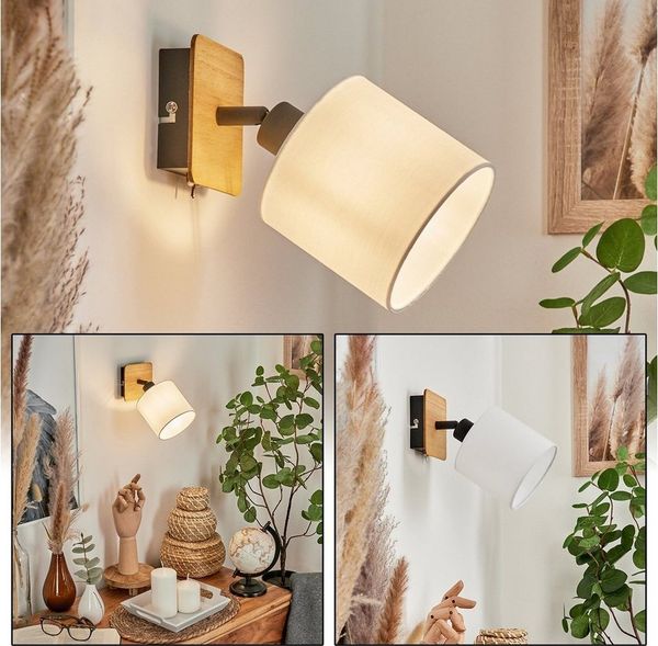 hofstein Wandleuchte »Costa« verstellbare Wandlampe, Holz/Metall/Stoff, Natur/Schwarz/Weiß, ohne Leuchtmittel, Leuchte im skandinavischen Design,verstellbarem Schirm (12cm), 1xE14