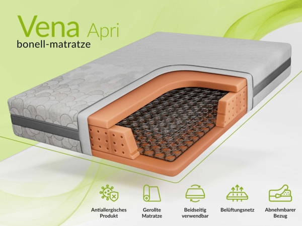Klassische Bonellmatratze mit symmetrischem Aufbau, Komfortschaum & stabiler Federung – langlebig & hygienisch – Härtegrad H3 – 200 x 200 cm – VENA – LUX Bild 2