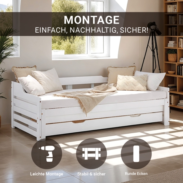 Gästebett Holzbett 90x200 cm mit 2 Matratzen Weiß Stauraum Tagesbett ausziehbar Jugendbett Ausziehbett Bett mit Bettkasten Bild 4