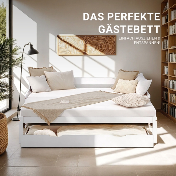Gästebett Holzbett 90x200 cm mit 2 Matratzen Weiß Stauraum Tagesbett ausziehbar Jugendbett Ausziehbett Bett mit Bettkasten Bild 6