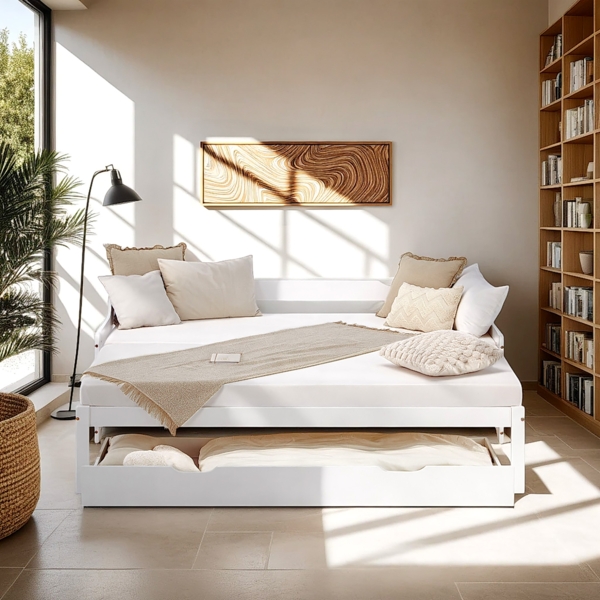 Gästebett Holzbett 90x200 cm mit 2 Matratzen Weiß Stauraum Tagesbett ausziehbar Jugendbett Ausziehbett Bett mit Bettkasten Bild 2