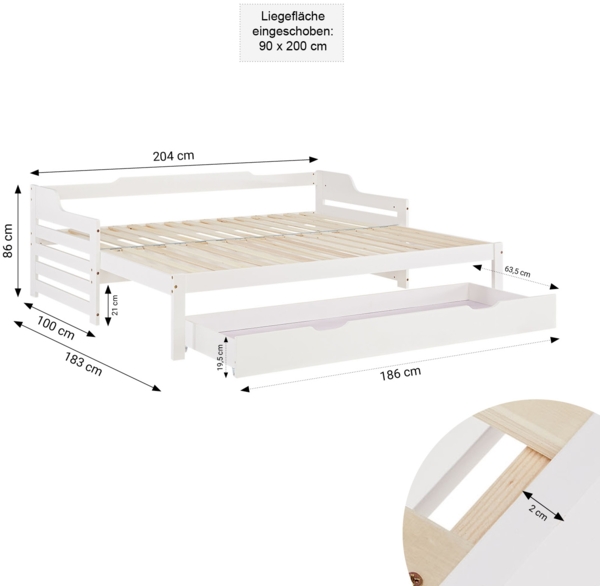 Gästebett Holzbett 90x200 cm mit 2 Matratzen Weiß Stauraum Tagesbett ausziehbar Jugendbett Ausziehbett Bett mit Bettkasten Bild 3