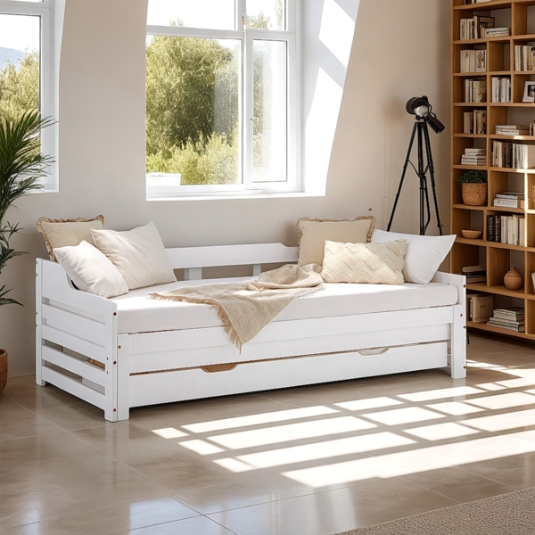 Gästebett Holzbett 90x200 cm mit 2 Matratzen Weiß Stauraum Tagesbett ausziehbar Jugendbett Ausziehbett Bett mit Bettkasten Bild 8