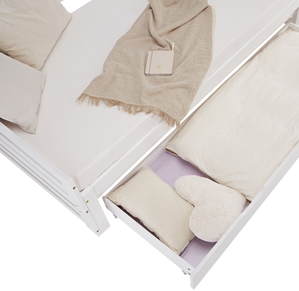 Gästebett Holzbett 90x200 cm mit 2 Matratzen Weiß Stauraum Tagesbett ausziehbar Jugendbett Ausziehbett Bett mit Bettkasten Bild 10