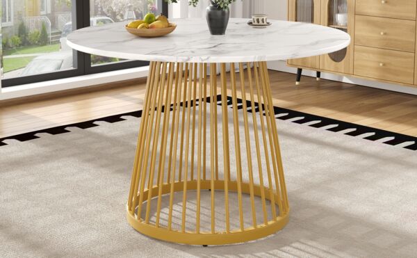 Runder Esstisch B 80 x T 80 x H 76 cm, MDF-Tischplatte in Weiß, Metallbeine in Gold, mit Niveauausgleich