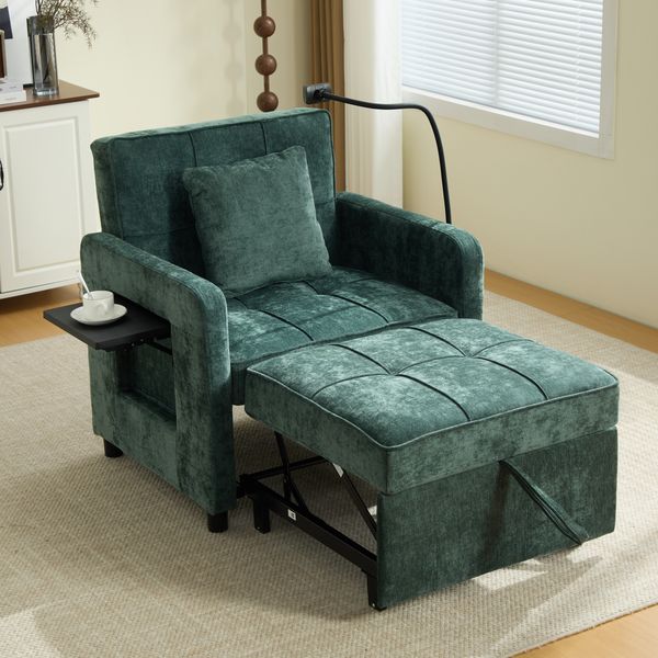 Flieks Sessel & Schlafsofa mit Seitenablage, Seitentasche & Handyhalter, Chenille, Grün