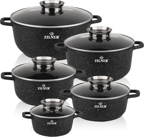 Zilner Topf-Set Schöne schwarze Töpfe in 5 verschiedenen Größen mit Steinbeschichtung, Aluminiumguss, Aluminium, Keramik, Edelstahl (Passt in jede Küche! 1.3L / 2.3L / 3.2L / 4.5L 5.6L, 10-tlg, Es ist eine perfekte Geschenkidee für jeden Anlass), Innov...