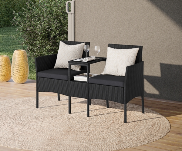 STEELSØN 'Velara' Gartenbank 2er-Sitzer mit Tisch, schwarz/anthrazit, aus Polyrattan