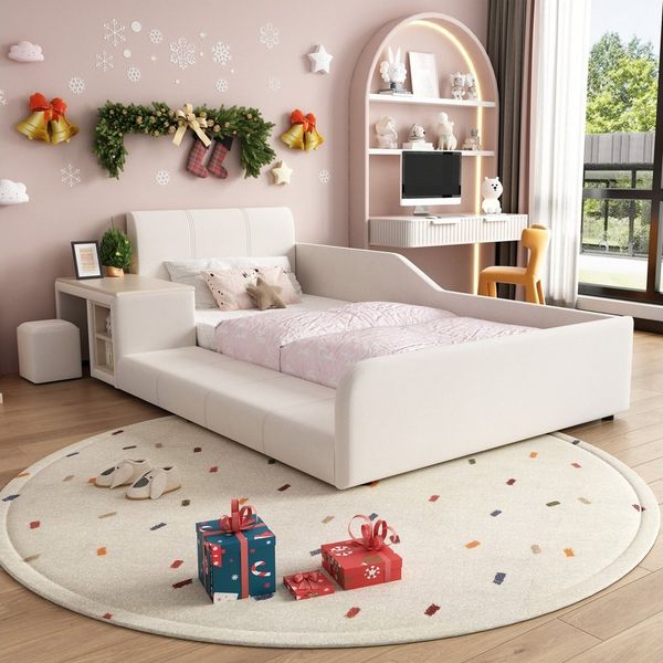 OKWISH Polsterbett Kinderbett Funktionsbett (mit Schreibtisch, Hocker und Stauraum, Blau, Weiches Kopfteil, Robuste Holzlatten, für Schlaf- und Arbeitsbereich 90x200 cm), ohne Matratze