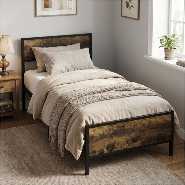 PFCTART Metallbett Bett 90x200 Metallbett mit Holzoptik, Stahl & MDF, Vintage (Set, 1-tlg, Bettgestell 90x200 als Einzelbett, inkl. Lattenrost, für Jugendzimmer), 160 kg, 90 cm Kopfteil, 27 cm Bodenfreiheit, schwarz, kratzerfest