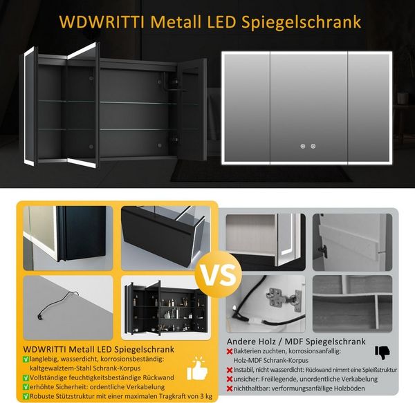 WDWRITTI Spiegelschrank Alu 3-türig 100x60 90x60cm Badezimmerspiegelschrank Schwarz 3Lichtmodi (Badschrank Schwarz matt Anti-Fog Dimmbar, Alu-Schranktür, Stahl Schrank-Korpus, Doppel Spiegel, Speicherfunktion) mit Netzadapter, vormontiert geliefert,2 I...